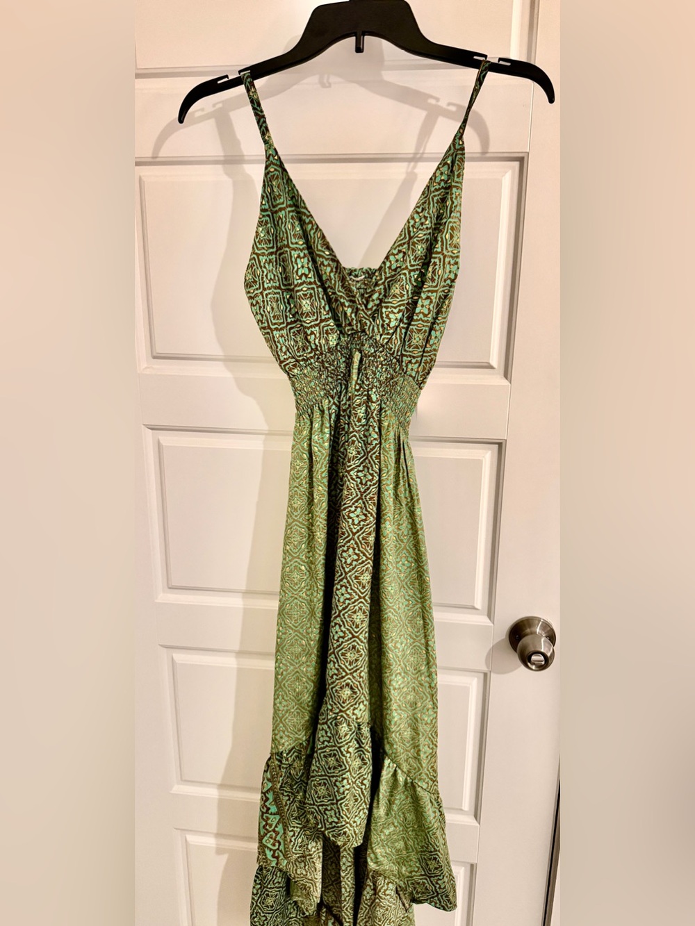 Green Boho High-Low Maxi Dress w/ Smocked Waist & Tassel Tie - Picture 2 of 3